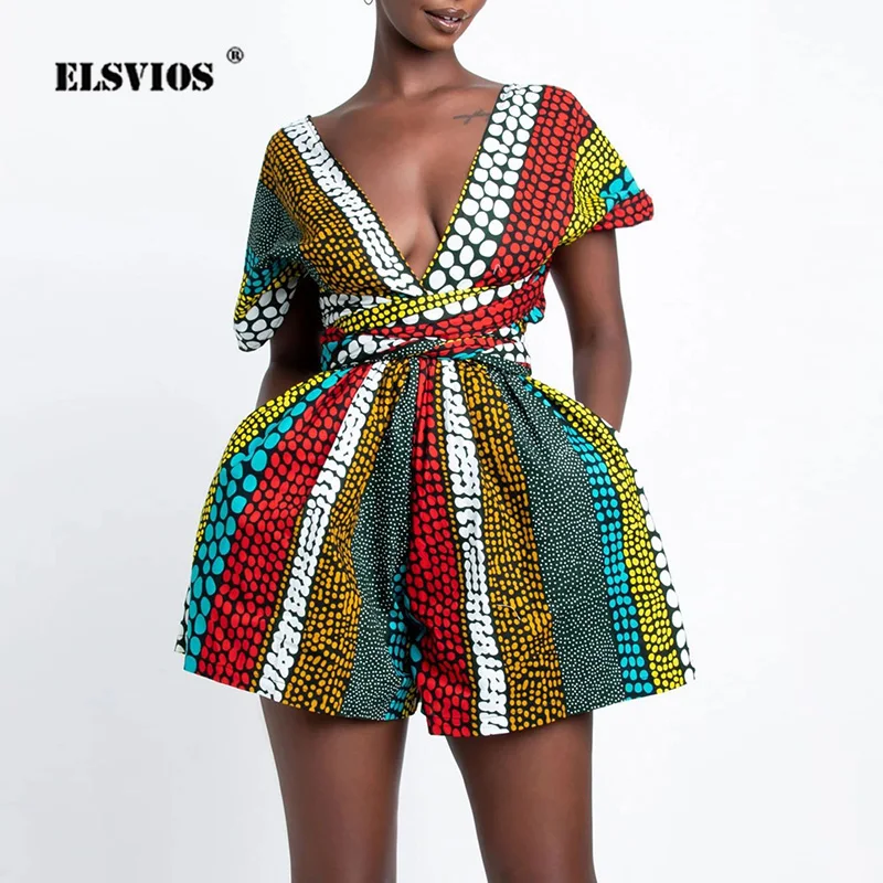 Lady Elegant Short Rompers Fashion DIY Multi Wear Jumpsuit Women Summer African Style Sleeveless Casual Loose Printing Jumpsuits
