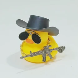Vibrant Yellow Duckling with Weapon - Cute Rubber Dashboard Ornament (Black Cowboy Hat)