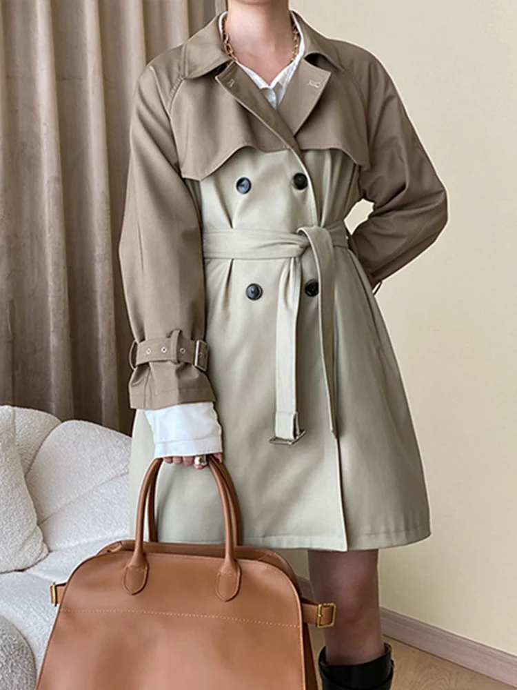 

Patchwork Contrast With Bandage Windbreaker Coat 2023 Autumn New Tide Fashion Double Breasted Short Trench Jacket O265