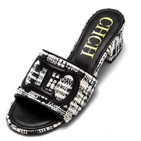 CH middle heel square heel slippers fabric fashion casual shoes luxury brand slippers girls street commuter slippers - Image 2