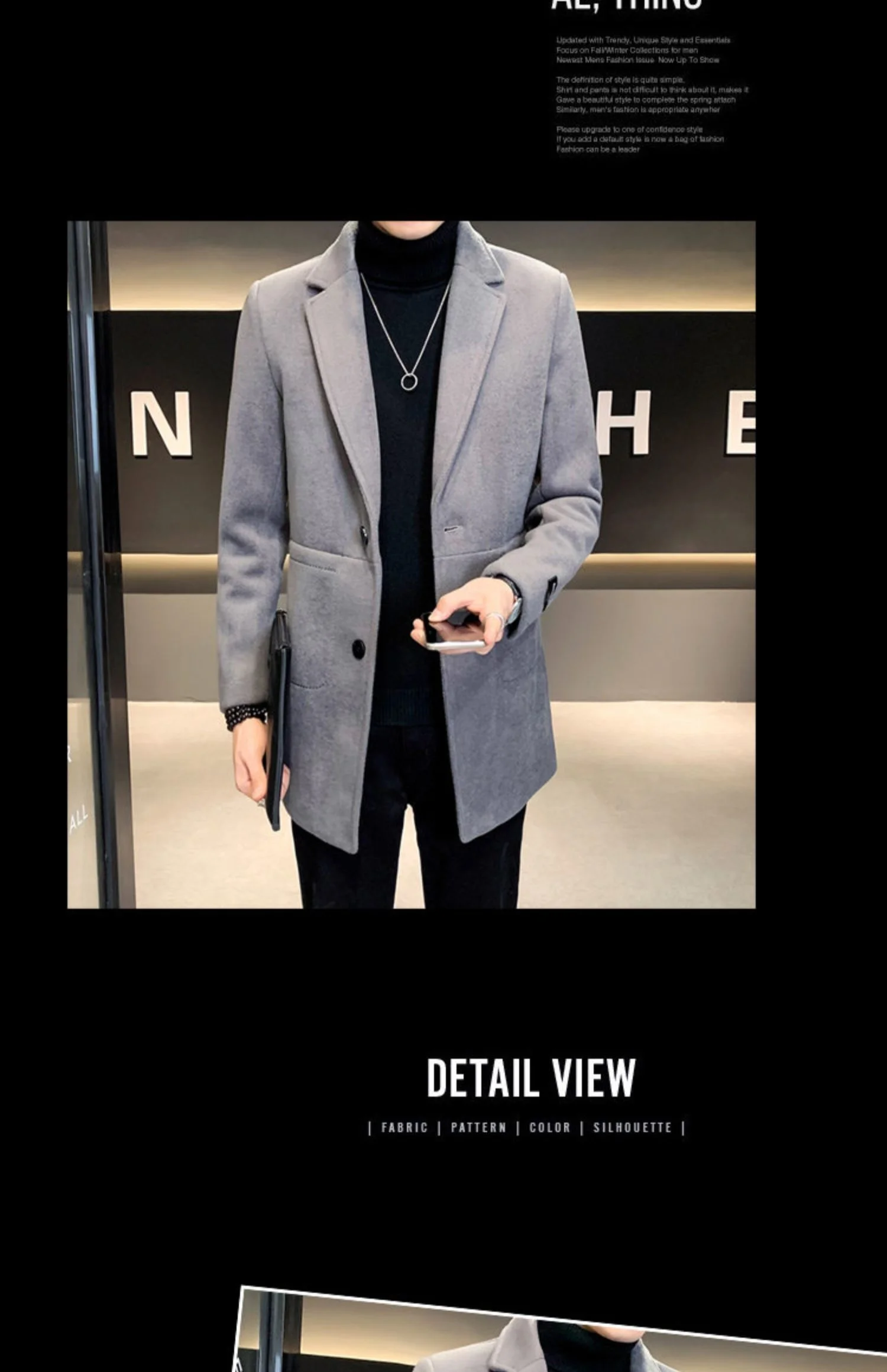 Description Picture 5 of item2023 Men's Windbreaker Jacket Autumn and Winter Wool Coat Pure Color Slim Fashion Long Woolen Large Size 4XL