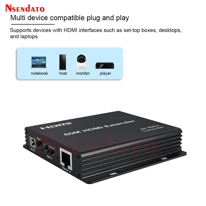 4K 60Hz HDMI Extender Over RJ45 60M HDMI To Dual Ethernet Extender Kit HDMI 2.0 Cascade Connection Receiver Extender For PC TV