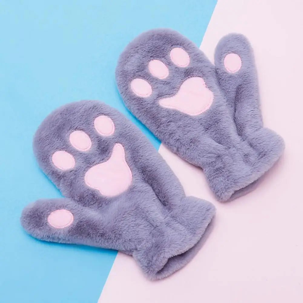Student Gloves Warm Cozy Cartoon Cat Paw Mittens for Women Thick Plush Winter Gloves with Anti-slip Grip for Skiing Cycling Fun