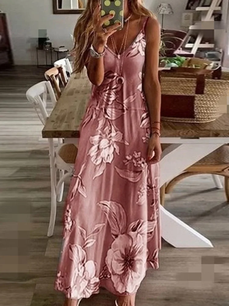 Summer Dress Long Vestidos Women Casual Floral Printed Spaghetti Strap Beach Party Robe Female