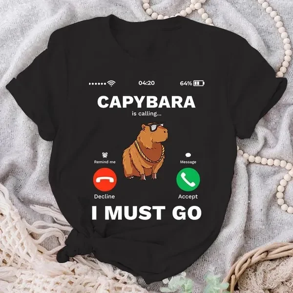 

Capybara Is Calling Funny Capibara Rodent Animal Lover Humor T-Shirt Women Men Summer Casual Round Neck Short Sleeve Tees Tops