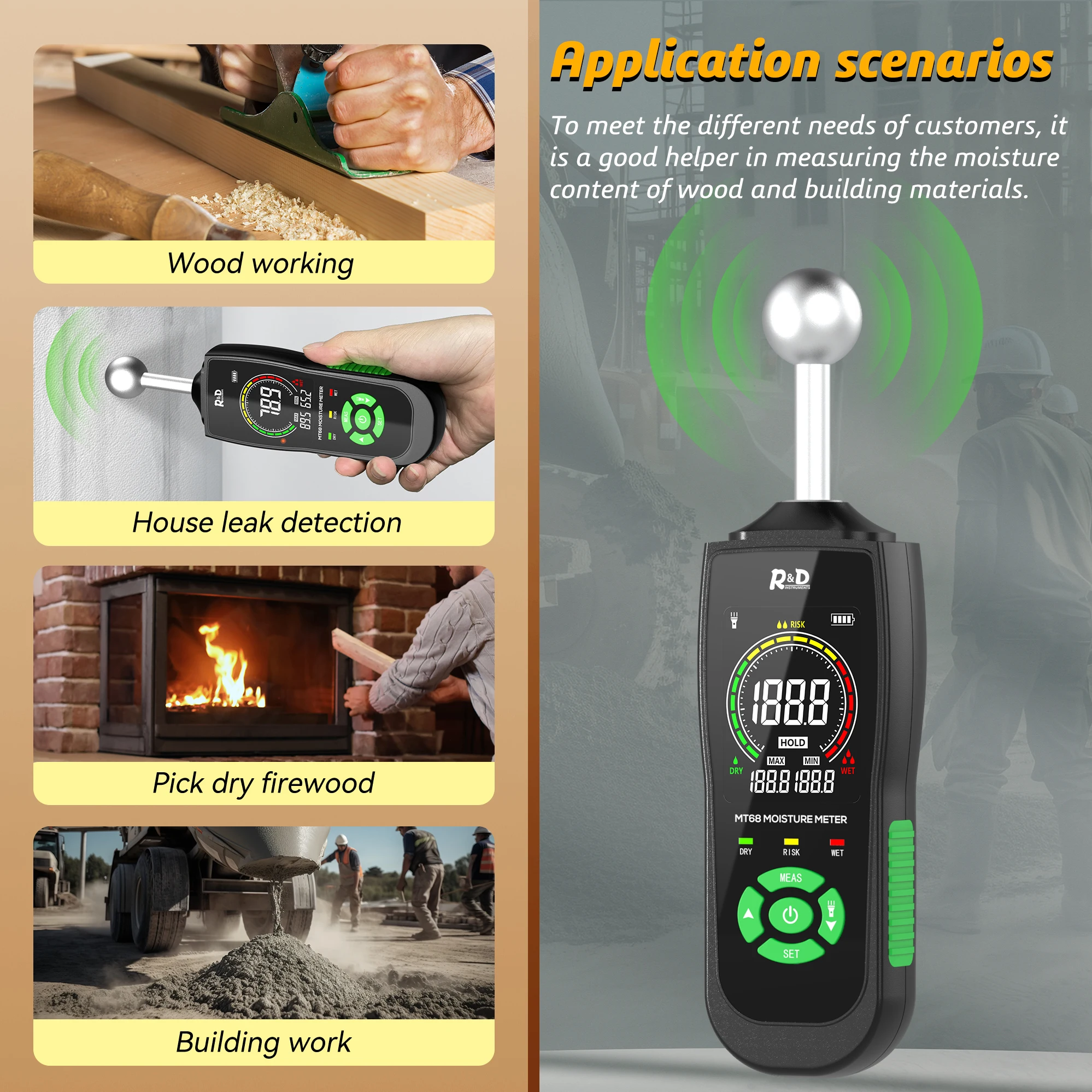 Wood Moisture Meter R&D MT68 Digital Wood Moisture Meter Non-contact Timber Damp Detector LCD Screen Hygrometer Alarm Humidity Tester Ball Detector