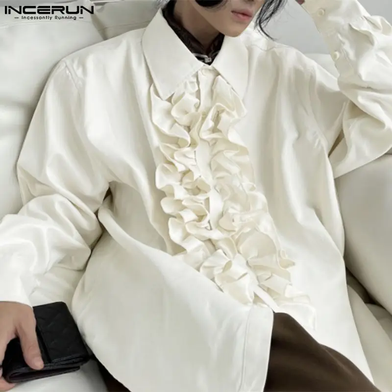 

INCERUN Tops 2023 Korean Style New Men Fashion Stringy Selvedge Design Shirts Casual Solid Comfortable Long Sleeved Blouse S-5XL