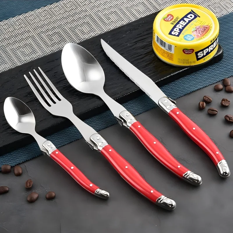 Laguiole-블랙 디너 세트, 레인보우 식기 다채로운 칼 붙이 빨간 플라스틱 손잡이 스테이크 나이프 포크 스푼 티스푼 가정용, 4-24 피스