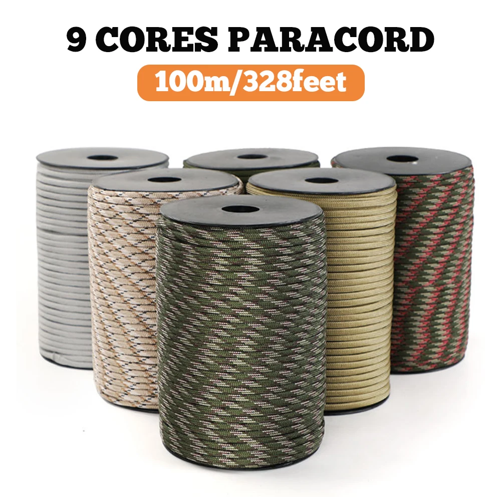 100M 550 Military Standard 9-Core Paracord Rope 4mm Outdoor Parachute Cord Survival Umbrella Tent Lanyard Strap Clothesline