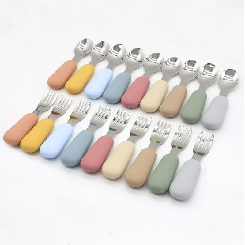 Baby Silicone Tableware Set Children Utensil Stainless Steel Toddler Dinnerware Cutlery Cartoon Infant Food Feeding Spoon Fork