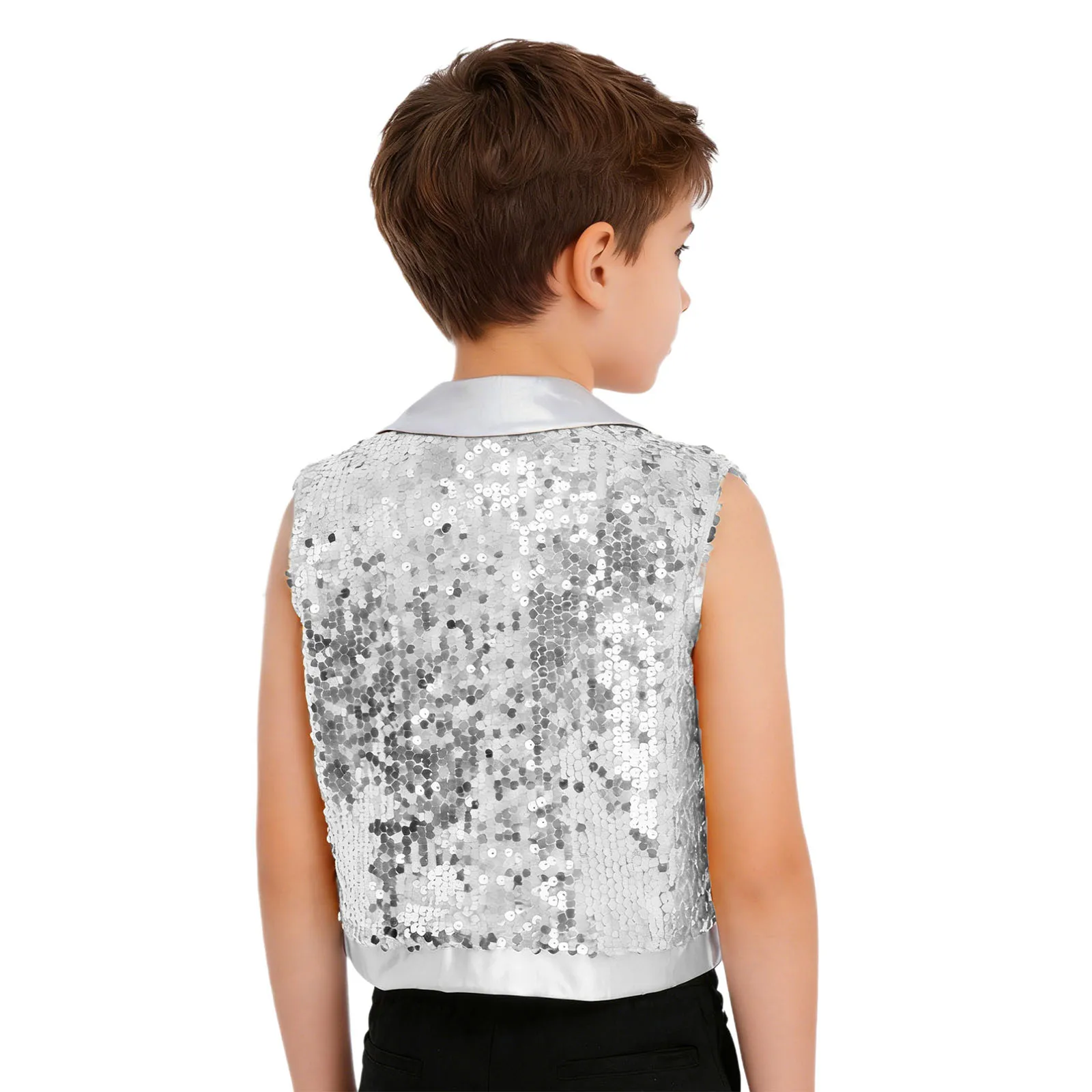 어린이 재즈 댄스 디스코 조끼 키즈 보이즈 태슬 스팽글 조끼 무대 공연 의상 라펠 칼라 민소매 재킷 탑