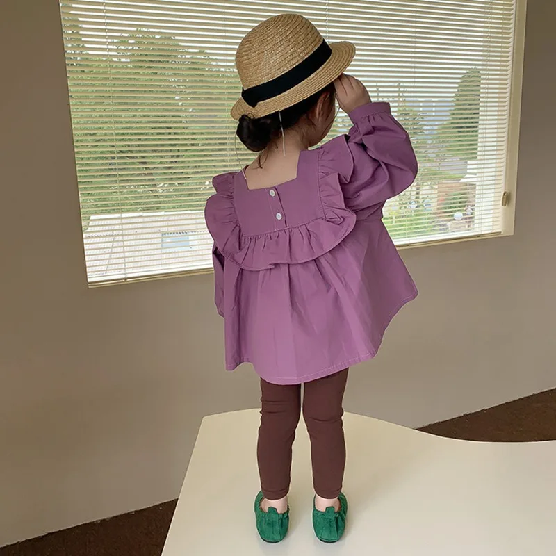 여아용 스퀘어넥 긴팔 셔츠, 풀오버 퍼프 소매, 피부 친화적이고 통기성 좋은 기본 상의, 단색