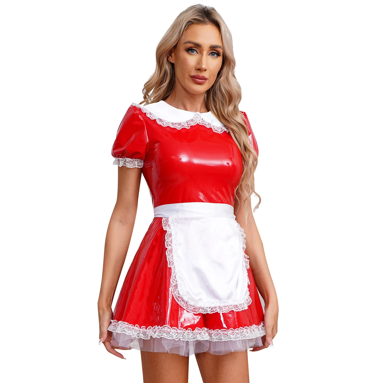 thumbnail image 4 of Disfraz de sirvienta francesa para adultos, uniformes Cosplay con delantal, cuello de muñeca, manga abombada, volantes, encaje, charol, vestido acampanado, 4 of 5