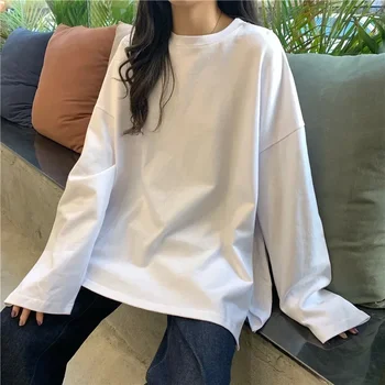 Harajuku Long T Shirt Spring Autumn Solid Simple Oversized T-shirt for Women Goth T-shirts Split White Black Long Sleeve Tops 1
