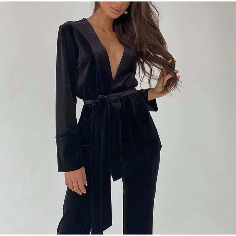 plus size pant suits for weddings Women Spring New Retro Soft Simple Velvet Texture Casual Trousers Sets Female Solid Color V-neck Lace-up Slim Gold Velvet Suits womens black suit set