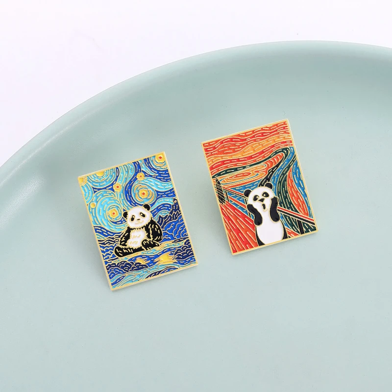 Panda Nachthimmel Ölgemälde UV-Druck Pins Benutzerdefinierte Panda Schreiende Broschen Revers Abzeichen Kleidung Tier Schmuck Geschenk Freunde – Detail 6