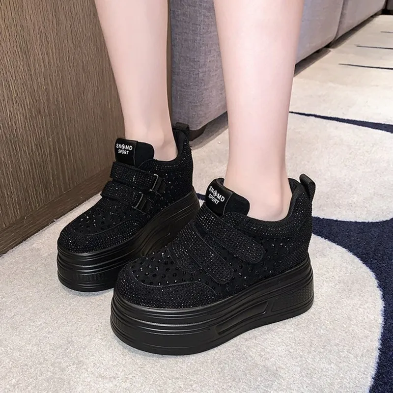 10cm 에어 메쉬 합성 가죽 Chunky Sneaker 여성 편안한 2025 가을 블링 라인 석 플랫폼 웨지 Fsahion 발목 부츠 신발