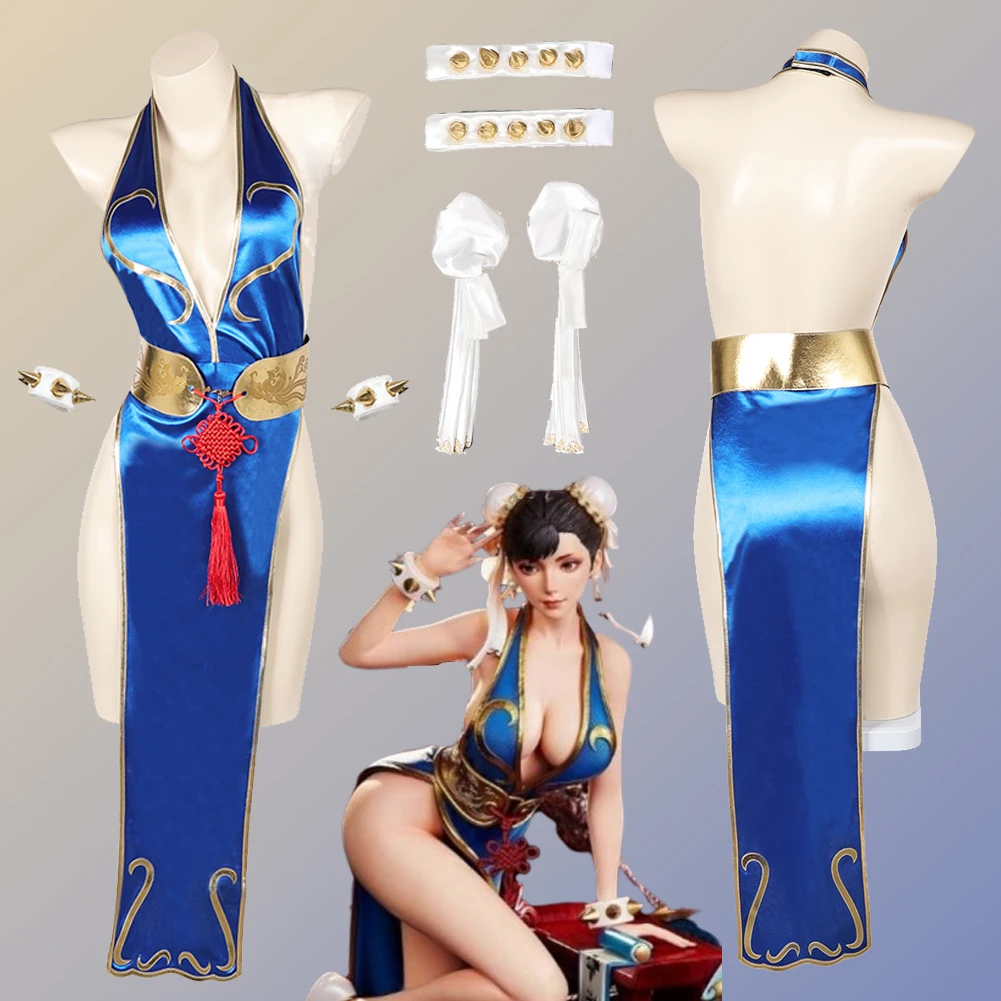 

Chun Li Cosplay Role Play Anime Fighter Game SF Costume Adult Women Cheongsam Dress Female Roleplay Fancy Dress Up Party Clothes