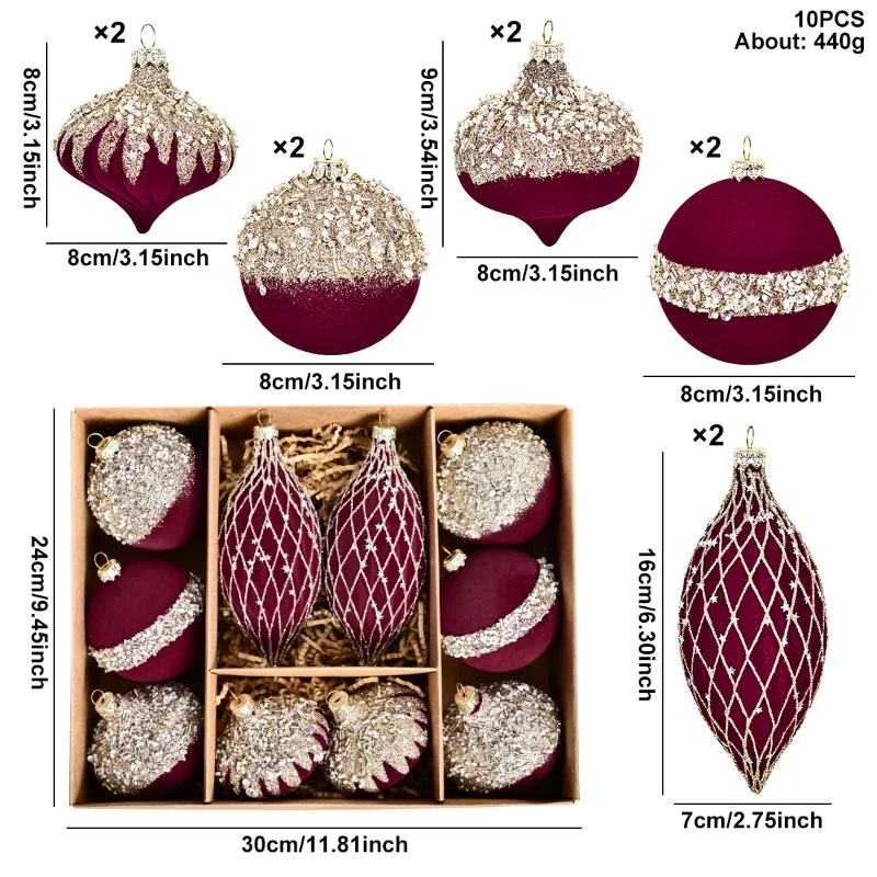 Lot De 28 Boules De Noël Floquées - Rouge Vin, Beige, Marron, Vert, Diamètres Variés, Avec Boucles