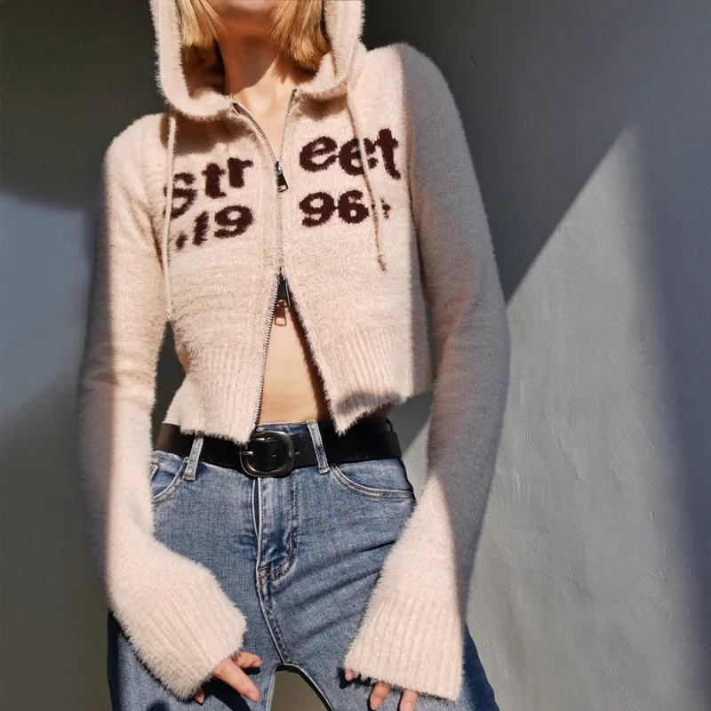 

Women Letters Front Fluffy Hooded Crop Cardigan With Double Zip