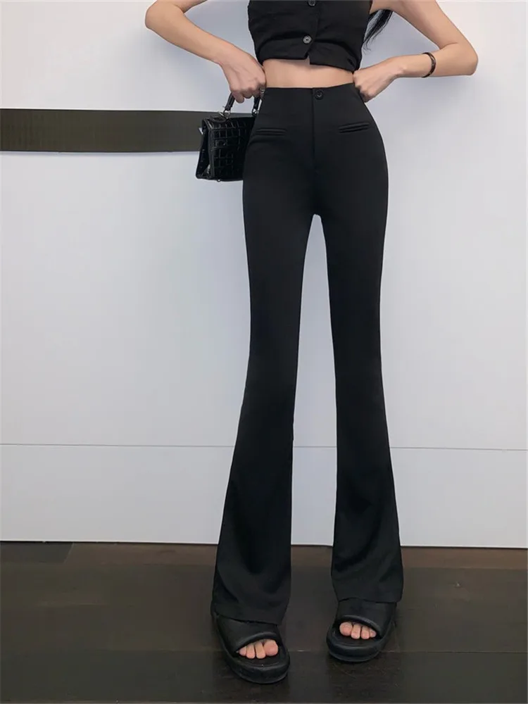 Black high waist casual pants, women's summer 2022 new style, small, drooping, thin feet, micro horn pants, pants 2023 high waist jeans for women spliced button micro horn women s demin pants