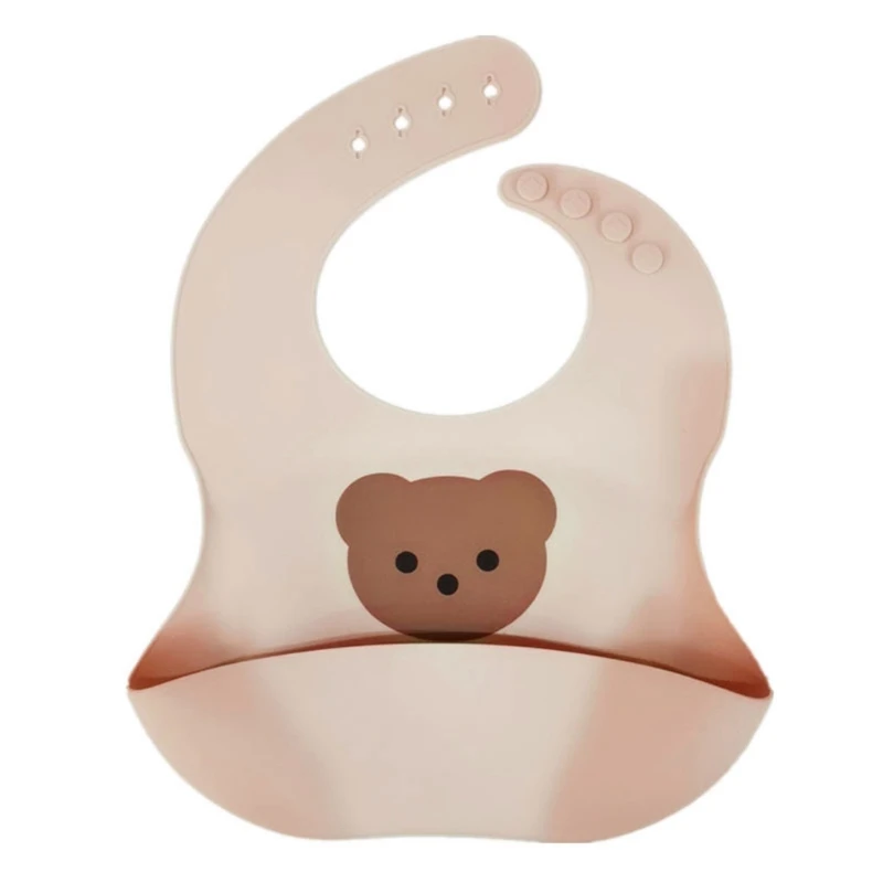 

L5YF Baby Newborn Food Grade Silicone Waterproof Bib Bear Print Feeding Food Catcher Apron with Pocket Adjustable Tableware