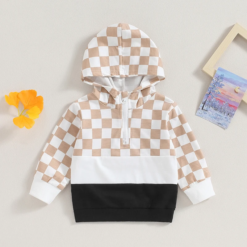 

Toddler Girl Boy Fall Hoodies Checkerboard Print Contrast Color Long Sleeve Hood Pullover Loose Spring Tops Sweatshirt