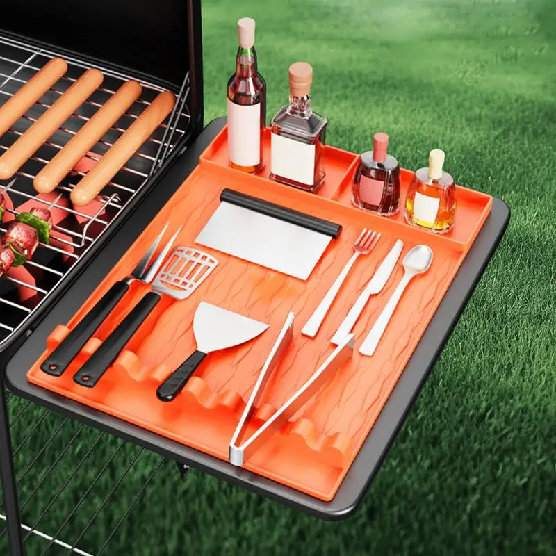Grill Tools Mat Heat-Resistant Silicone Griddle Tools Side Shelf Mat Reusable Utensil Holder For Outside Grilling Kitchen