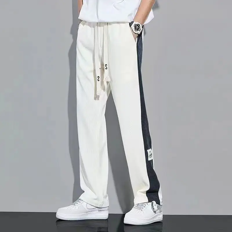 Korean Fashion Summer Quick Drying Loose Straight Pants Men Panelled Elastic Waist Drawstring Pockets Casual Versatile Trousers
