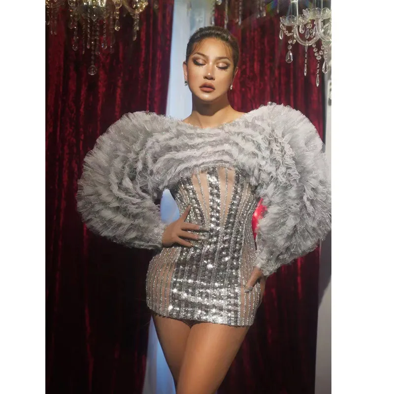 

Sexy Fashion Stage Wear Mesh Puff Sleeve Silver Sequin Bar Concert Singer Bodycon Mini Dress Women Party Show Drag Queen Costume