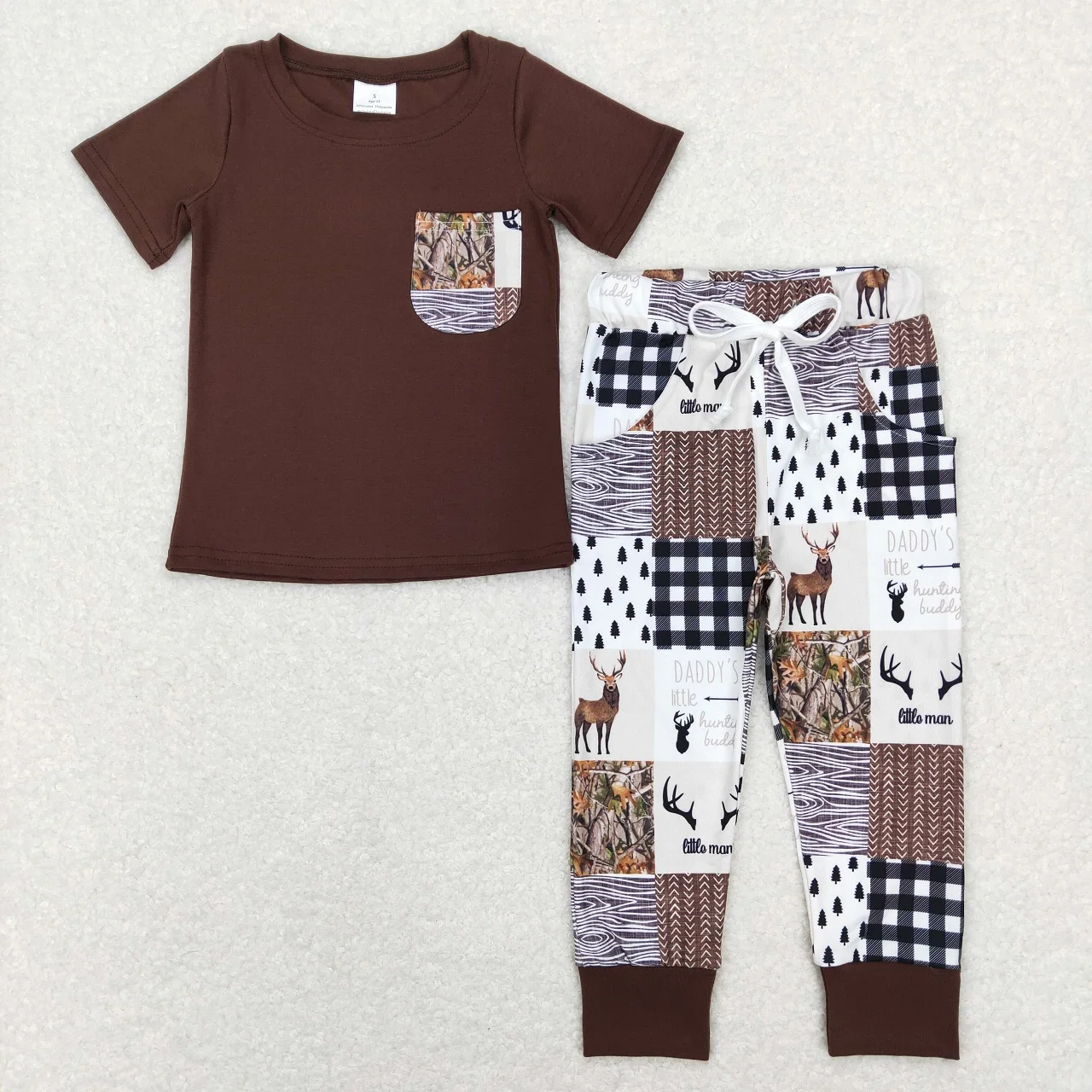 

Wholesale Infant Children Sets Short Sleeves Cotton T-Shirt Kids Deer Pocket Pants Baby Boy Trousers Outfit Toddler Clothes