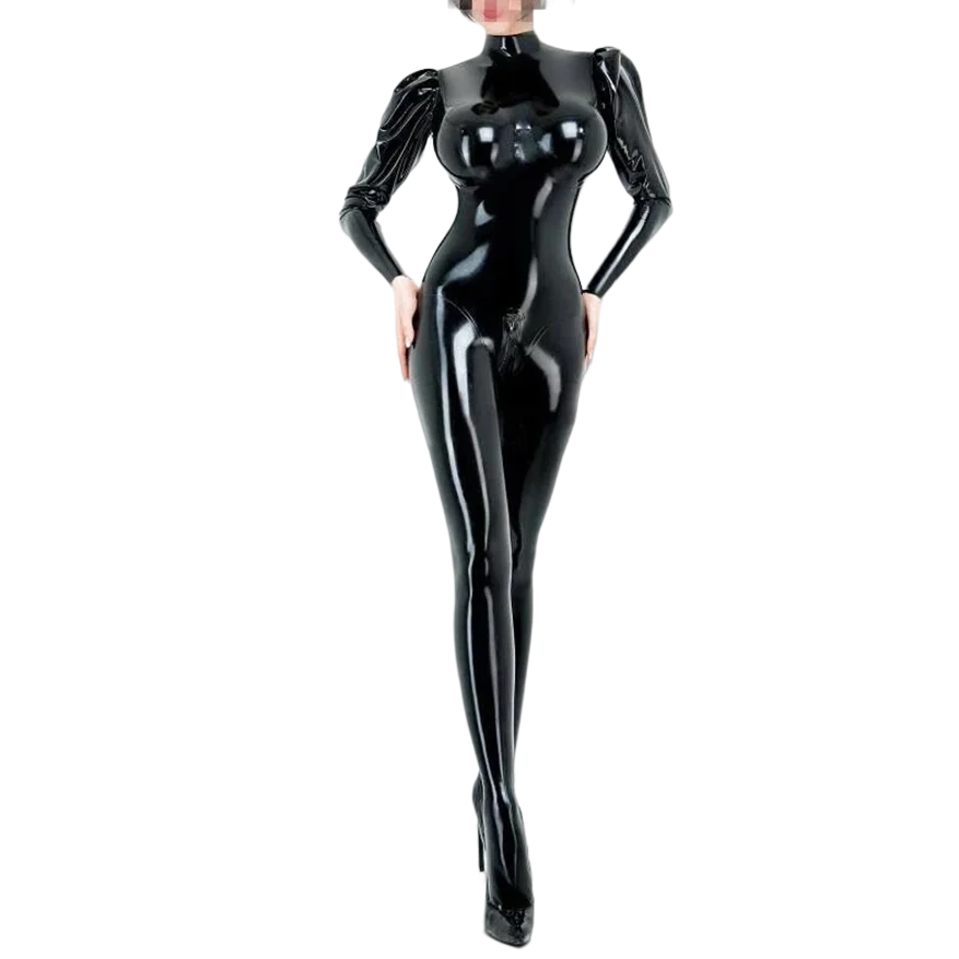 

Sexy Latex Women Outfit Catsuit Puff Sleeves Rubber Bodysuit with 3D Chest Handmade Clothing RLC371