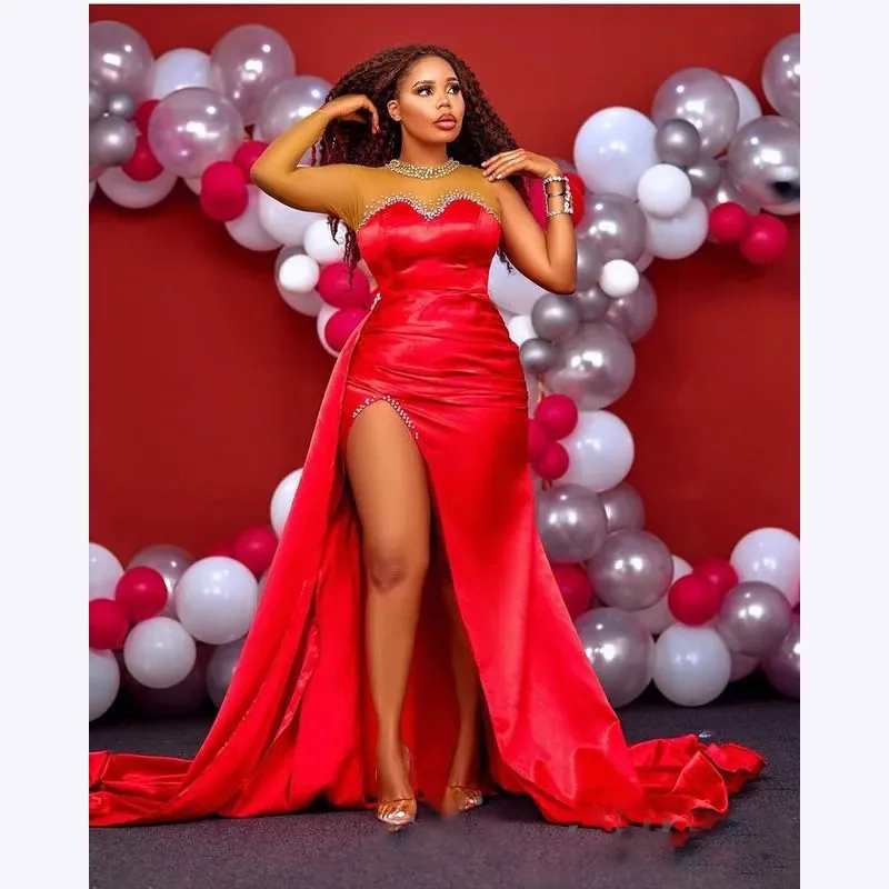 

KSDN Sexy Prom Dress Red Split Long Sleeve Split High-Neck Crystal Chapel Train Gorgeous Gown Special Occasion Evening Party