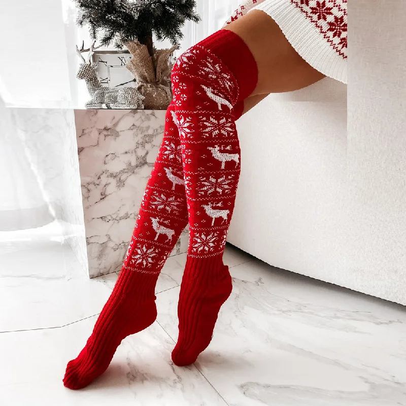 European and American Autumn and Winter Christmas Snowflake Elk Long Knitted Over The Knee Bunching Socks Women
