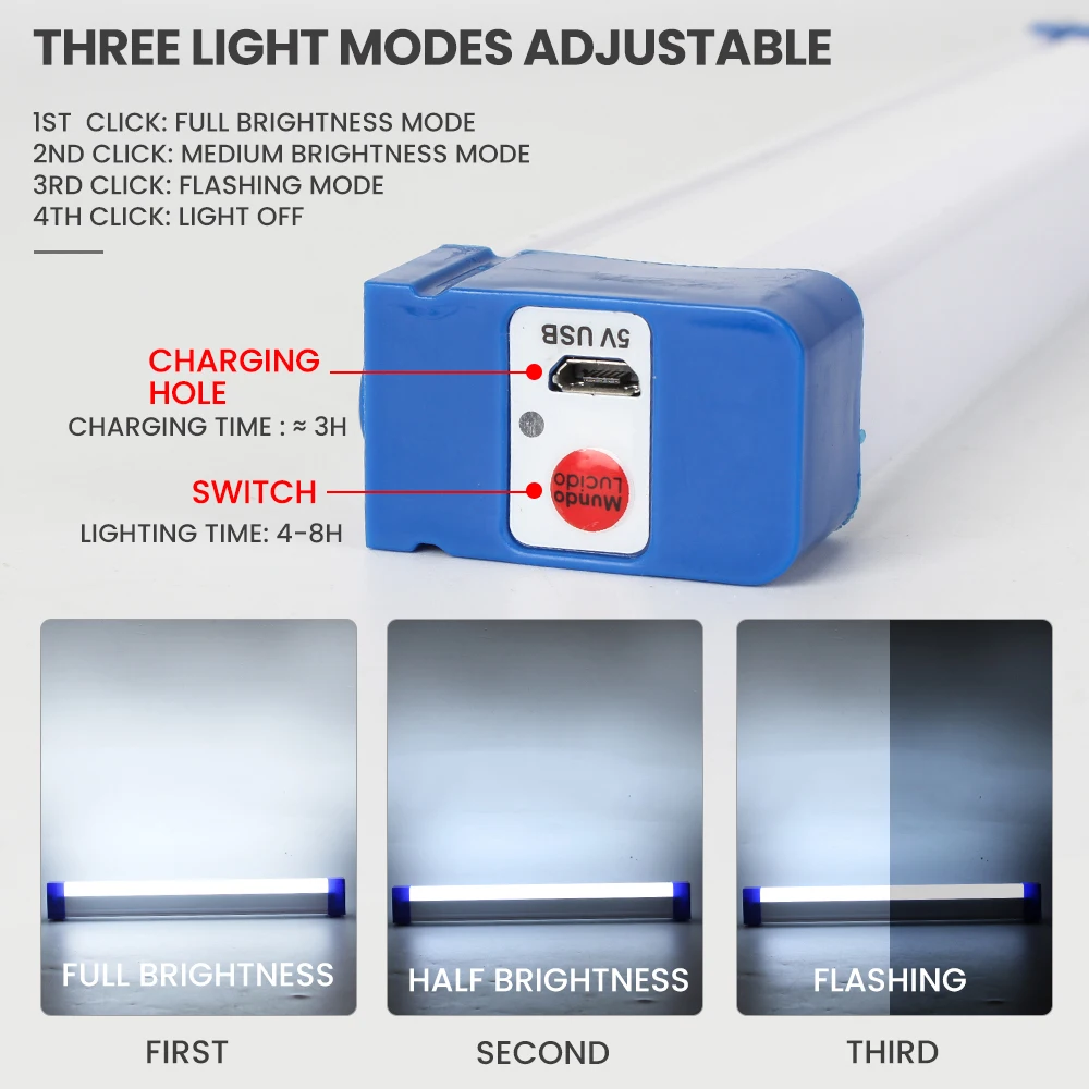Description Picture 3 of item32CM Dimmable T5 LED Tube 60W USB Rechargeable Camping Light With Hook & Magnet Portable LED Light Bulb for Outdoor Emergency
