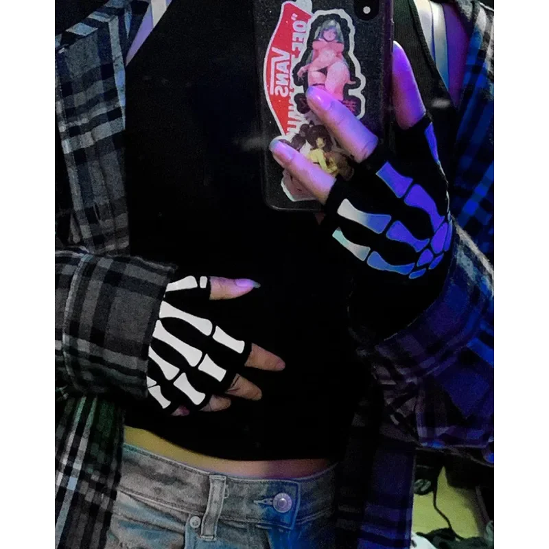 1/4pairs Gloves Universal Halloween Skeleton Half Finger Gloves Luminous Fingerless Elastic Knitted Winter Multi Finger Gloves