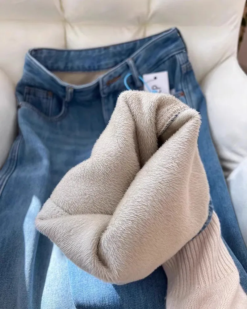 2025 Autumn/Winter Women's Jeans Vintage Narrow Fit Denim With Fleece Linings Loose Straight Wide Leg Pants 2