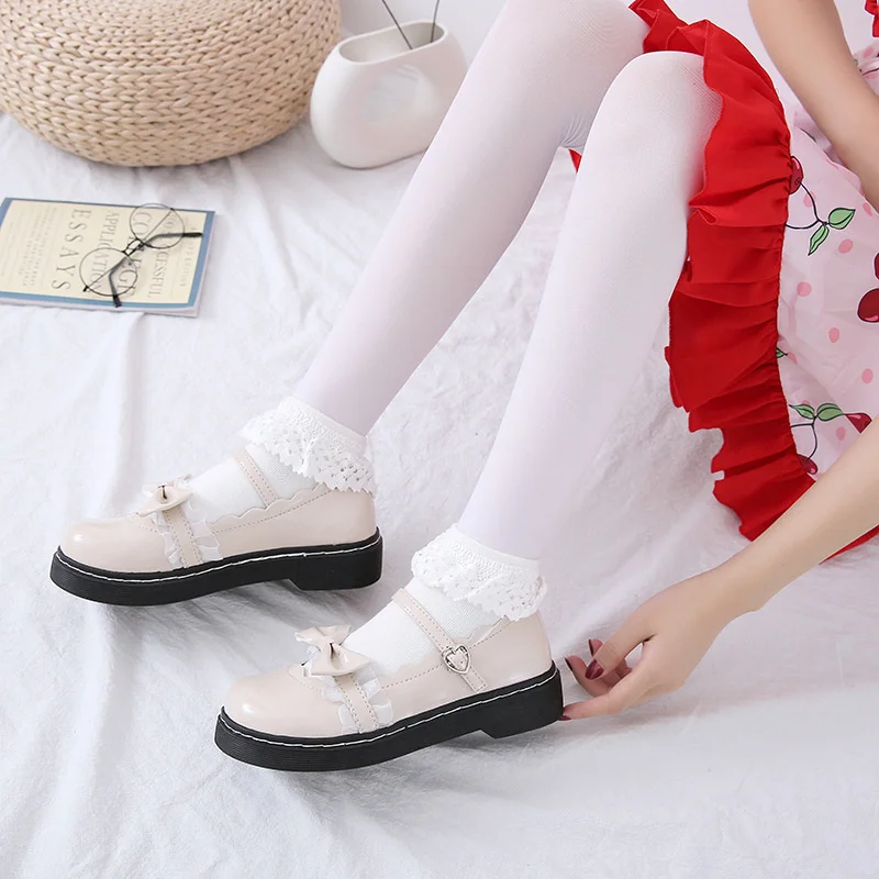 Lace Bow Lolita Shoes(women's 2023 Spring British Students Flat Bottoms Versatile College Style Cosplay Shoes