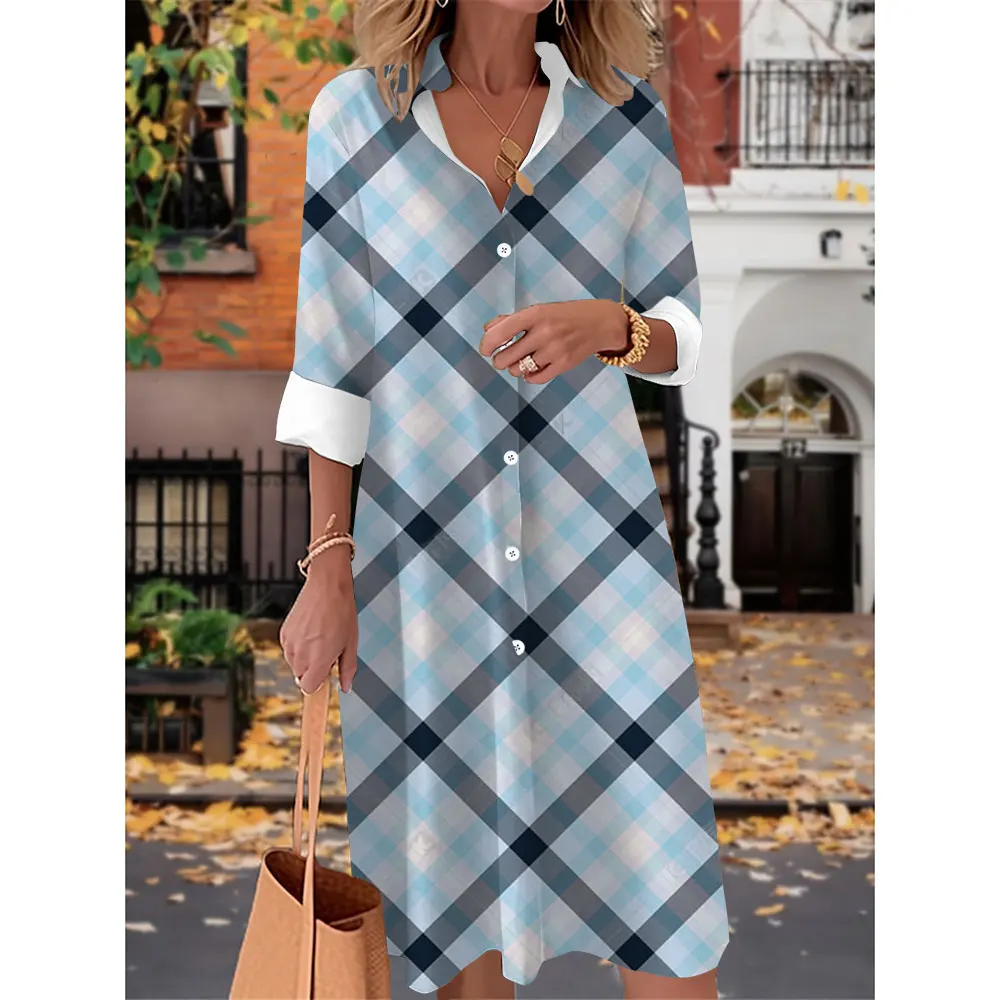 

Summer Fashion New Daily Lightweight Relaxed Comfort S-5XL Plaid Diamond Print Women's Suit Collar Long Sleeve Casual Dress