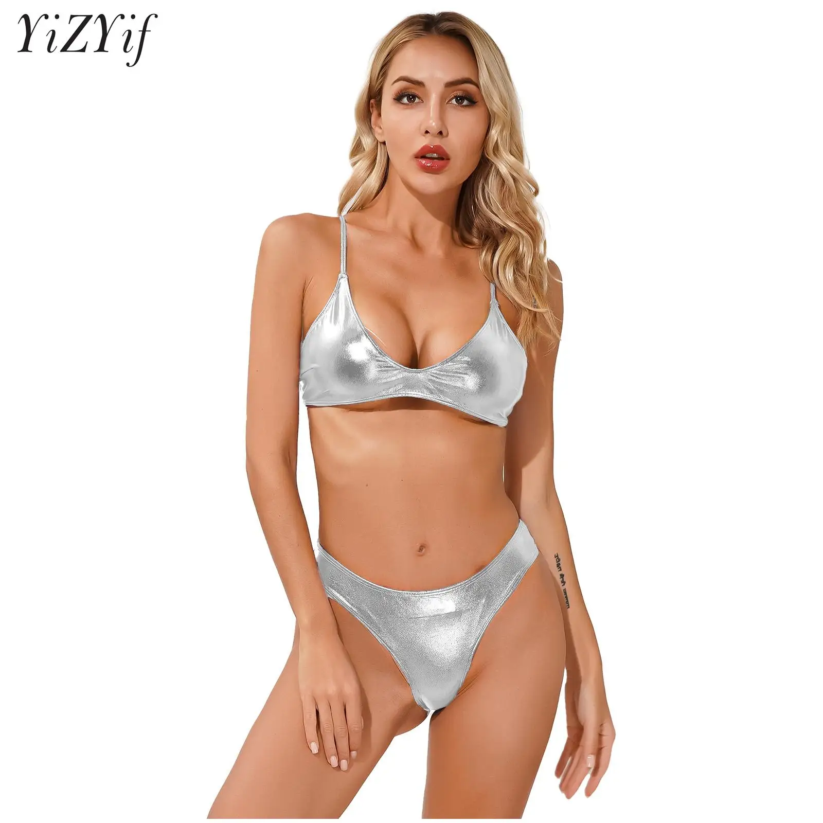 

Women's Glossy Metallic Sexy Bikini Sets Two Pieces Tankini Swimsuit Low Cut Bra Tops with Briefs Beach Swimwear Bathing Suit