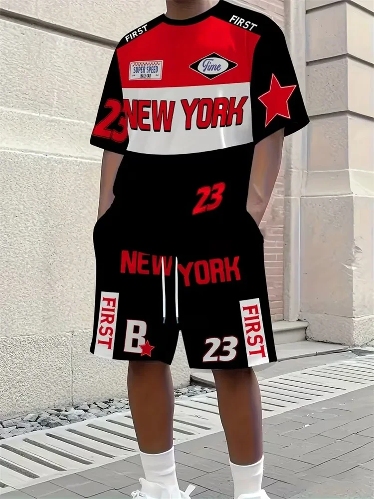Cool And Trendy 3D Printed Men's Casual Short-sleeved Suit With Riding Style, New Men's Round-neck Short-sleeved Top And Shorts