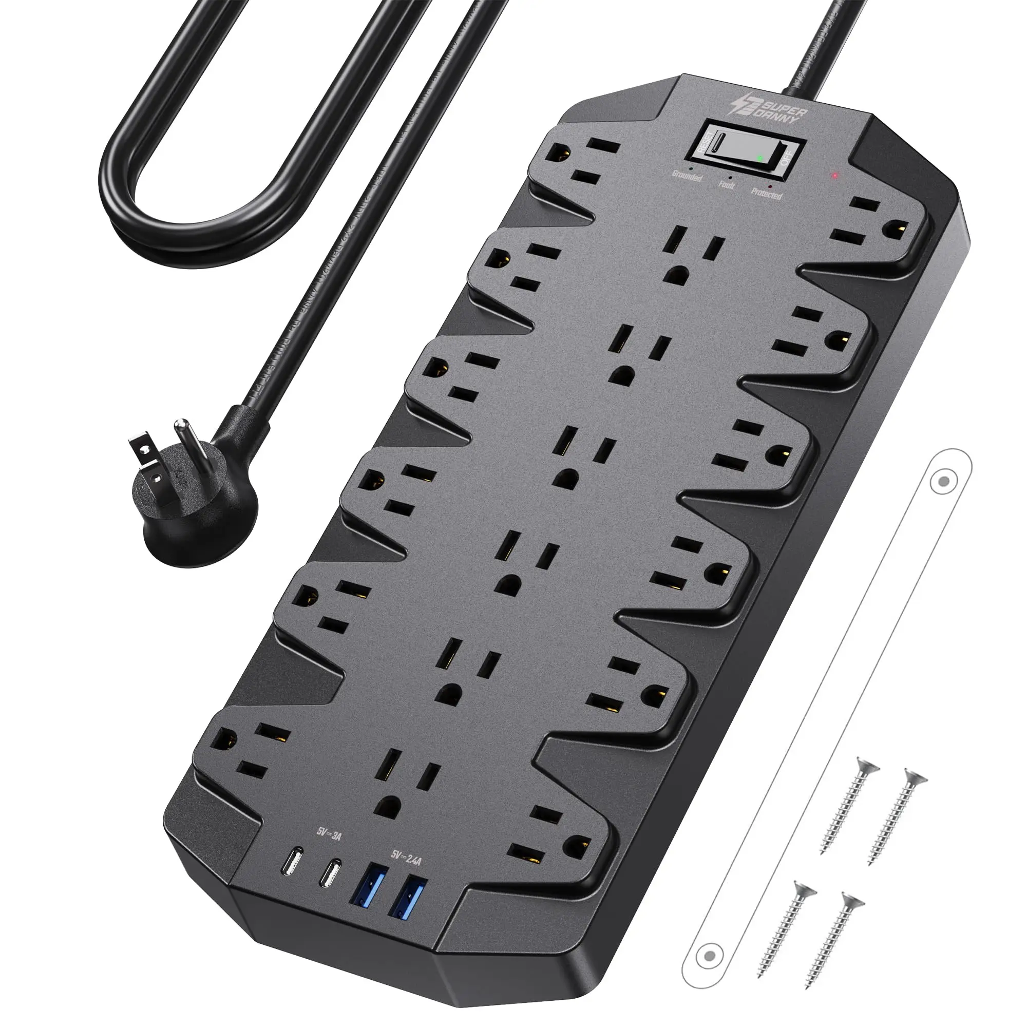 

Surge Protector Power Strip, 18 AC Outlets with 2 USB C and 2 USB A Ports, 1875W/15A, 2100J, 6.5FT Flat Plug Extension Cord