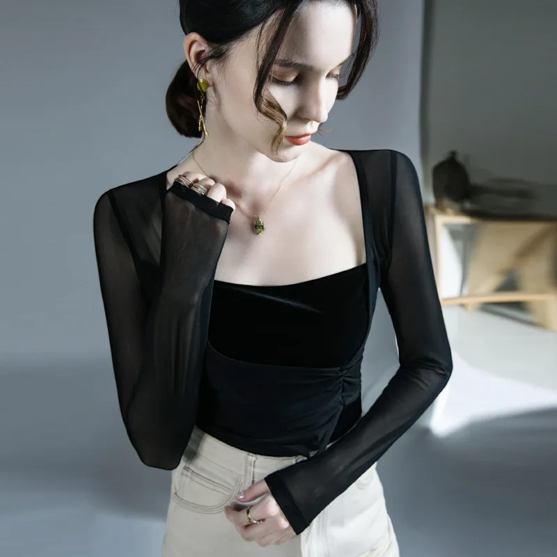 

High Quality 2024 Women Tops Splice Gauze T-shirt Female Clothing Winter Autumn Sexy Crop Top Clothes Casual Gauze Blouse Y2k