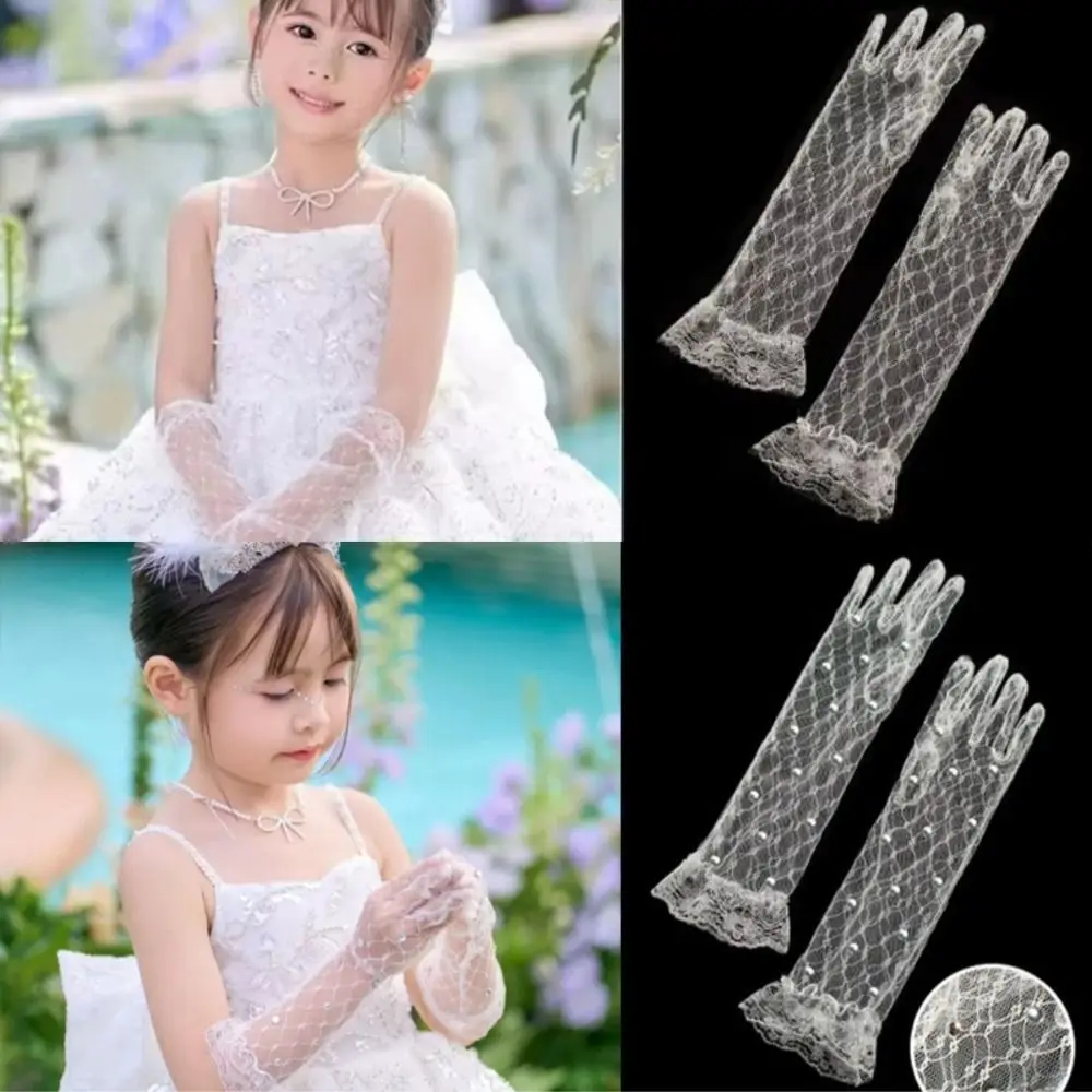 2Pairs White Children's Lace Gloves Five Fingers Elegant Princess Gloves Mesh Breathable Flower Girls Mittens Performance Photo