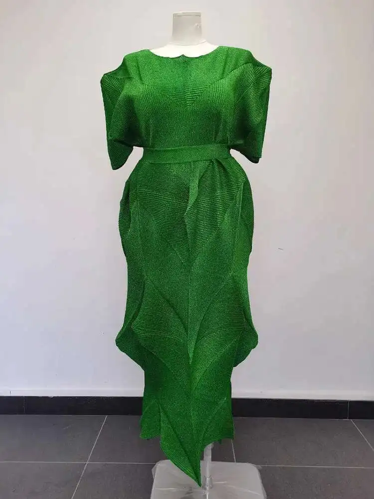 LANMREM Women's Pleated Dress Fashionable Loose Elegant Rondun Collar Short Sleeve Long Dresses With Belt 2025 New 2DB2626 - Image 2