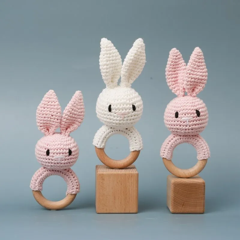 Wooden Rattle Baby Teether Kids Teething Rings Animal Crochet Rattle Elephant Wooden Babies Gym Montessori Children's Toys