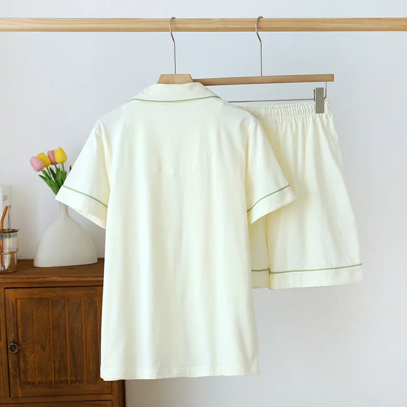 Summer Women's Pajama Set Knitted Cotton Short Sleeve Shorts Two Piece Cardigan Solid Color Casual Large Homewear women pajamas set,women pajama suit,cotton pajamas set