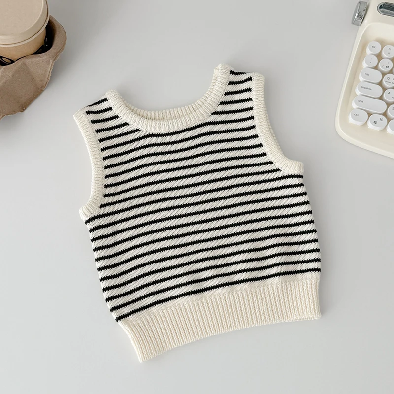 2025년 신상 가을 0-3세  남아 여아 니트 조끼  남아 여아 민소매 줄무늬 니트 풀오버 조끼