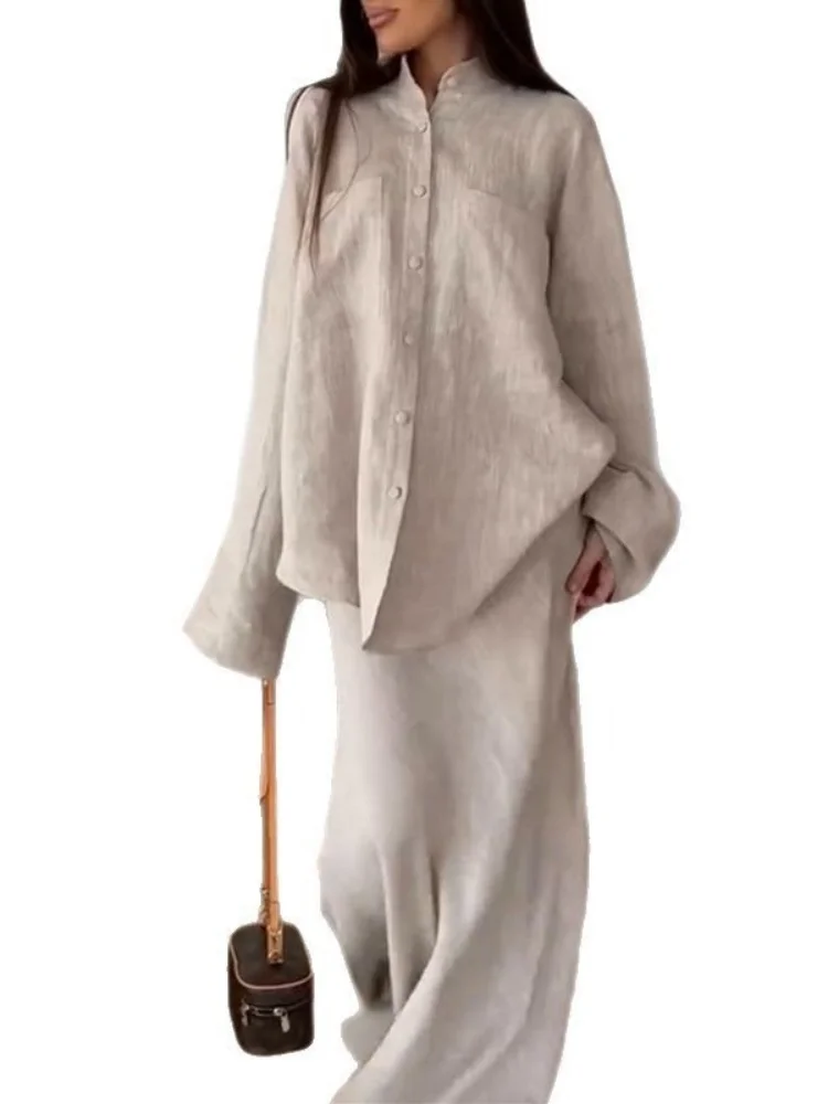 Wmstar Two Piece Set Women Wholesale 2025 Summer New Solid Color Loose Long Sleeved Shirt High Waisted Skirt Fashion Sets