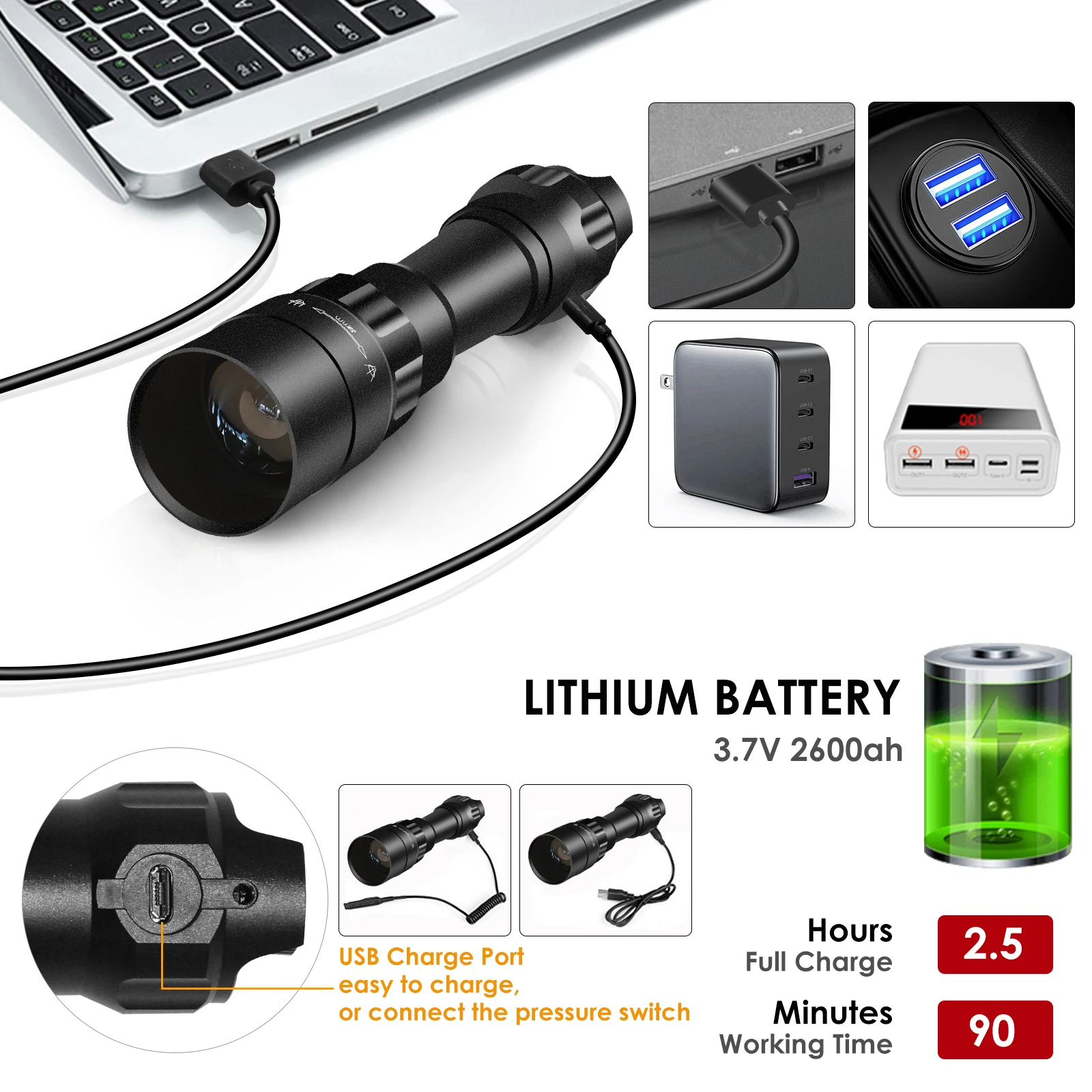 UniqueFire 1605 T38 강력한 전술 손전등 3000LM USB 충전식 토치 사냥 빛 마운트 키트 5%-95% 밝기